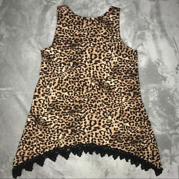 NEW Charming Charlie Leopard Animal Print Lace Trim Swing Fit Tank Top Small S - Picture 5 of 10